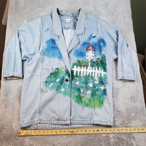 Vtg Denim Barn Coat Womens M  Western Duster Blue Jean Chore Jacket Hand Painted